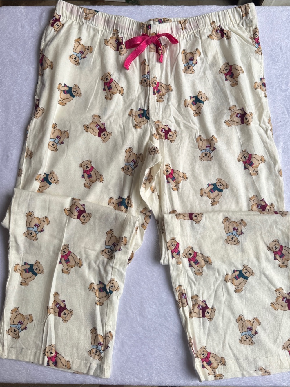 JoySpun Pajama Pants L (12-14) - Cream Teddy Bear Print - Christmas Winter